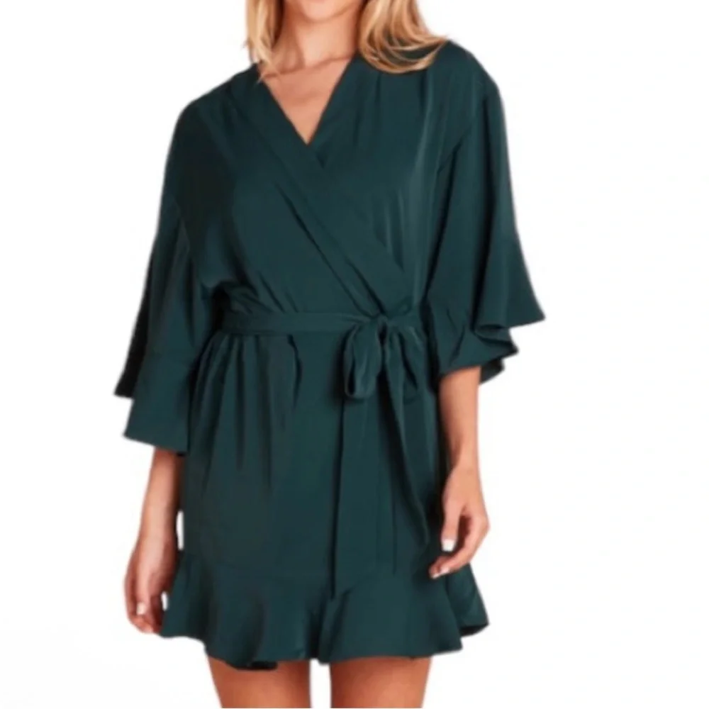 Birdy Grey Robe Dress Ruffle Detail Waist Tie Emerald Green Size M / L